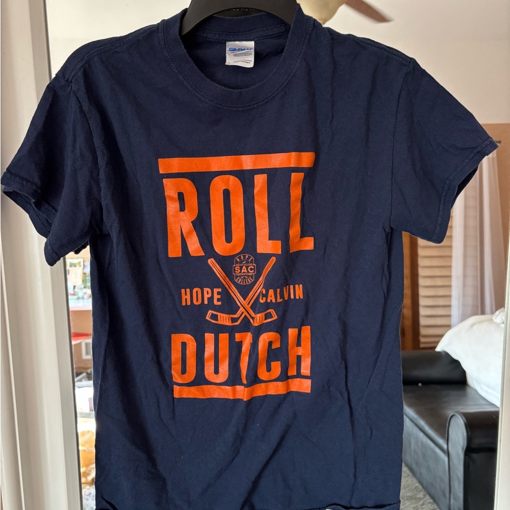 Hope College Calvin University Gildan Dark Blue Tee with Vibrant Orange Design